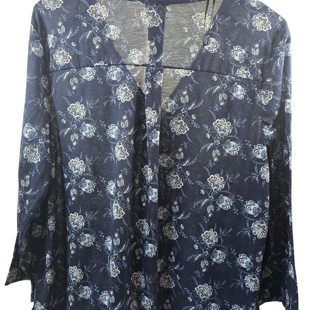 HM Navy Blue Floral V-Neck Button Front Blouse Top Womens Size XL Long Sleeve - Picture 2 of 6